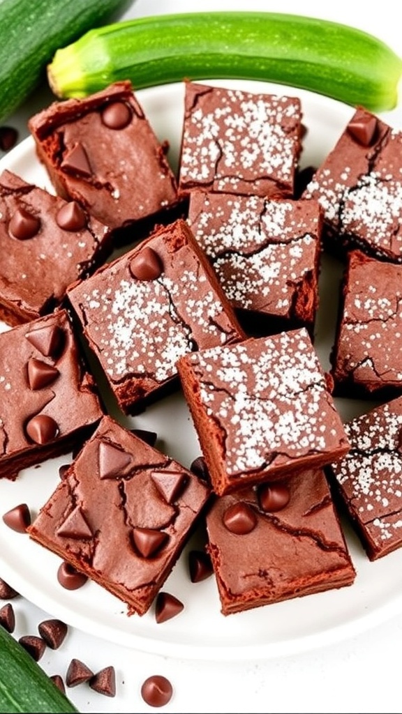 Fudgy zucchini brownies on a plate, dusted with powdered sugar, with zucchini and chocolate chips in the background.